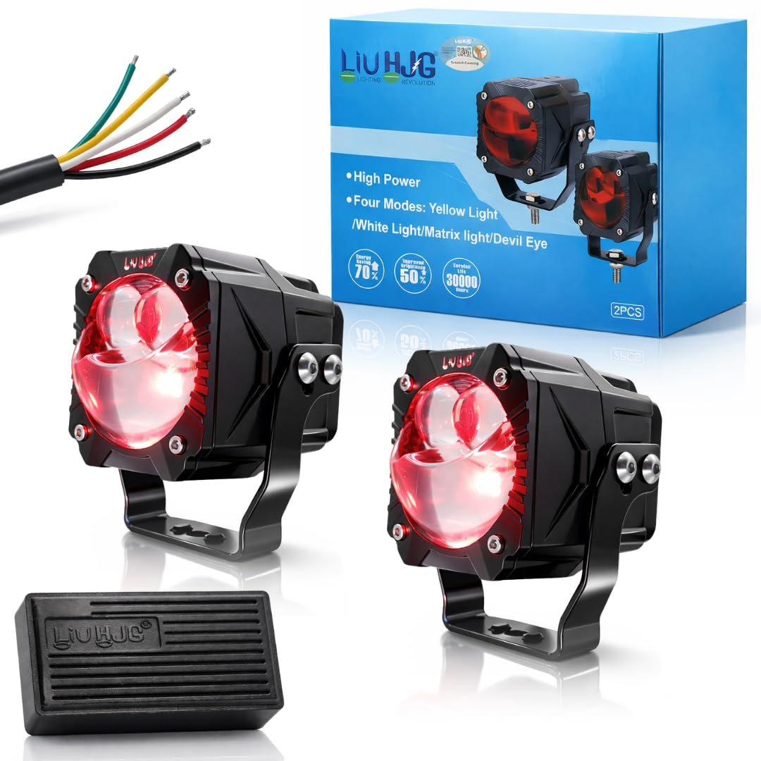 HJG New Model 150W Foglight Projector Lens with Devil Red DRL Future Eyes 150W MEGA DRIVE Fog Light For Bike/Car/Thar/Jeep ( Cool White, 75W each * 2 = 150W Total ) - Pack of 2