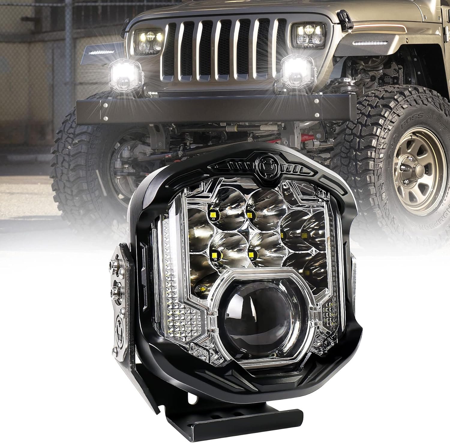 HJG GodsEye Side Shooter 1 LED with 8 CREE LED White/Red Off Road 7 inch 95W LED Headlight Spot Light Fog Light Universal For Bike, Truck, Jeep, Car Bike Led Headlights LED Fog Lights For Motorcycle Car SUV Lights, Pack of 1 LIU HJG GodsEye Side Shooter