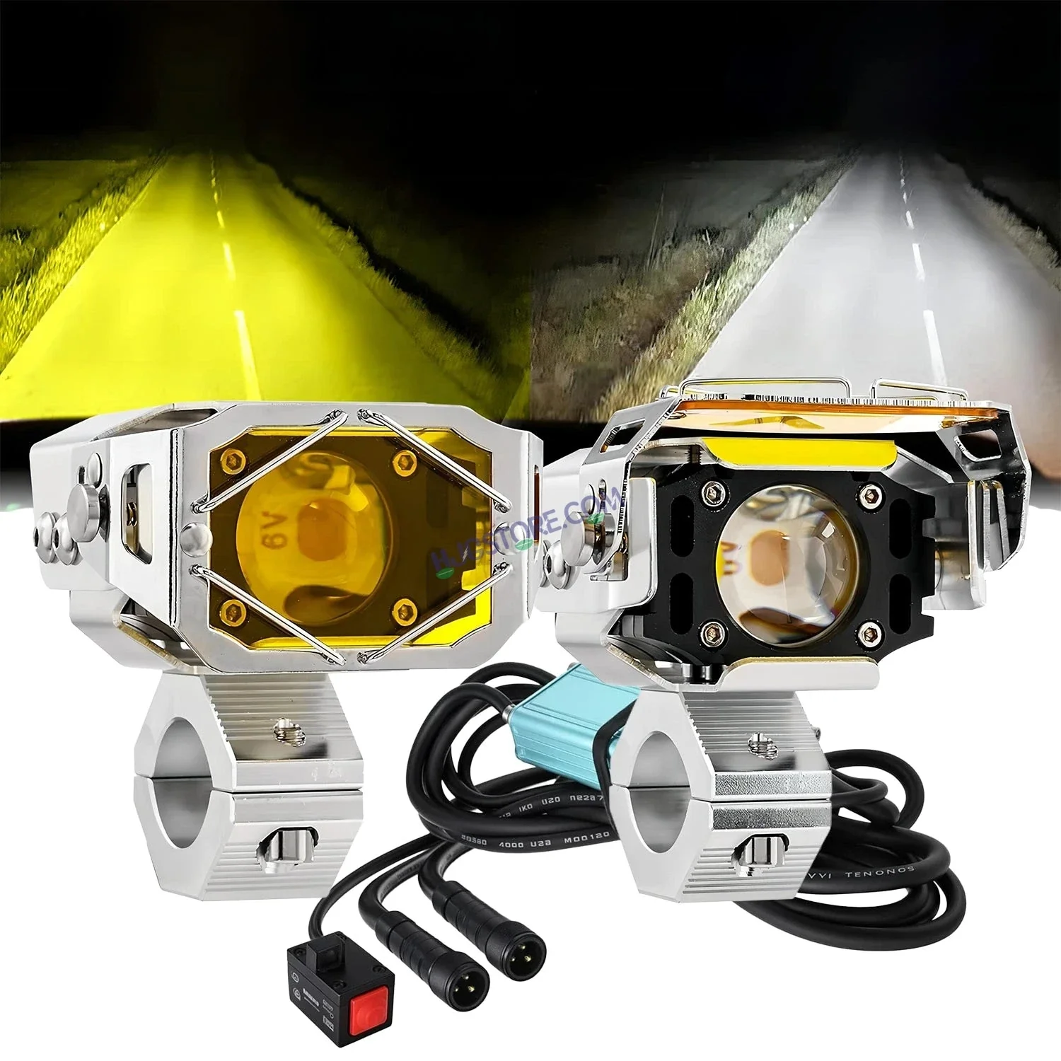 HJG Chrome Transformer Foglight 140W LED Projector with Wiring Kit Slider Yellow Cap Wide Spread White/Yellow 140W 2pc Foglight Ultra Wide Dual Intensity LED Driving Fog Lights 3000K/6500K Universal For All Cars & Bikes, Pack of 2 with Wiring Harness Kit