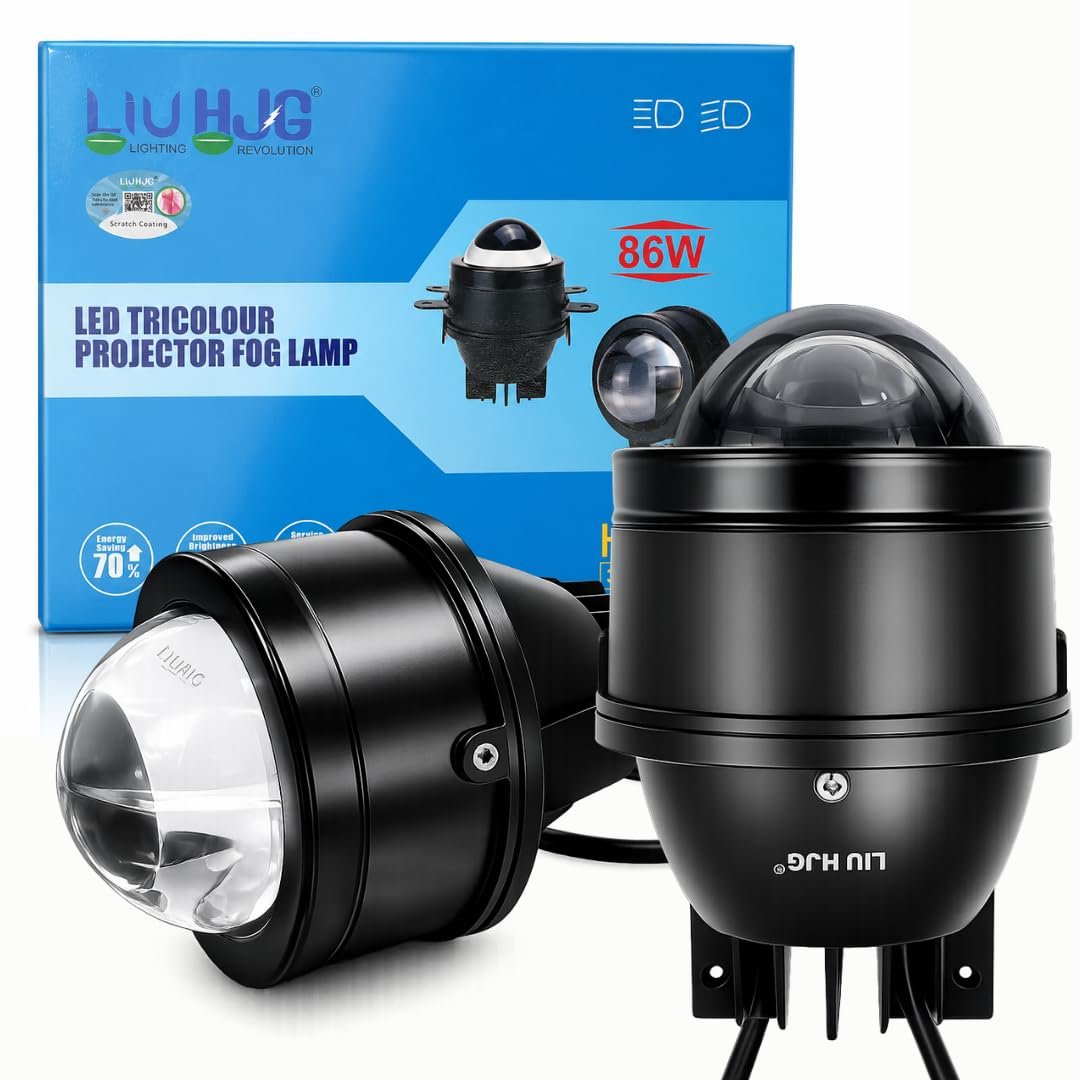 HJG 3-Inch Car Tri-Color LED Projector H-J162 Fog Lamp 2Pcs | 86W 8600LM/Pair | Direct Fit H8/H9/H11/H16 Socket | DC 12V-80V | 3200K-6500K White, Yellow, Warm White Hi/Lo | Premium Waterproof Driving Light For Car & SUV | LIU HJG H-J162 3 Inch Foglamp